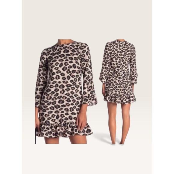 Eliza J. Cheetah Leopard Print Ruffle Cuff/Hem Mini Shift Dress - Size 8 - Picture 5 of 15